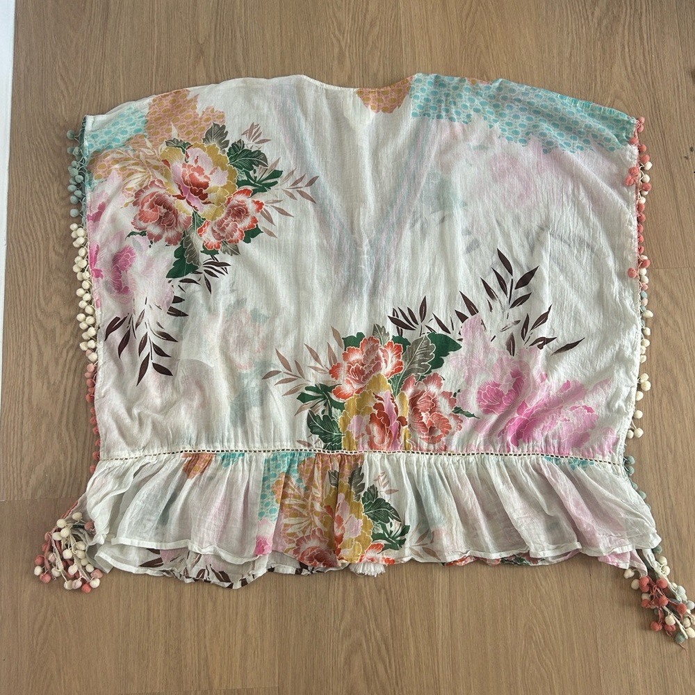Z&L Europe Floral Print Airy 100% Cotton Pom-Pom Caftan Swim Cover Up OS - Picture 12 of 12